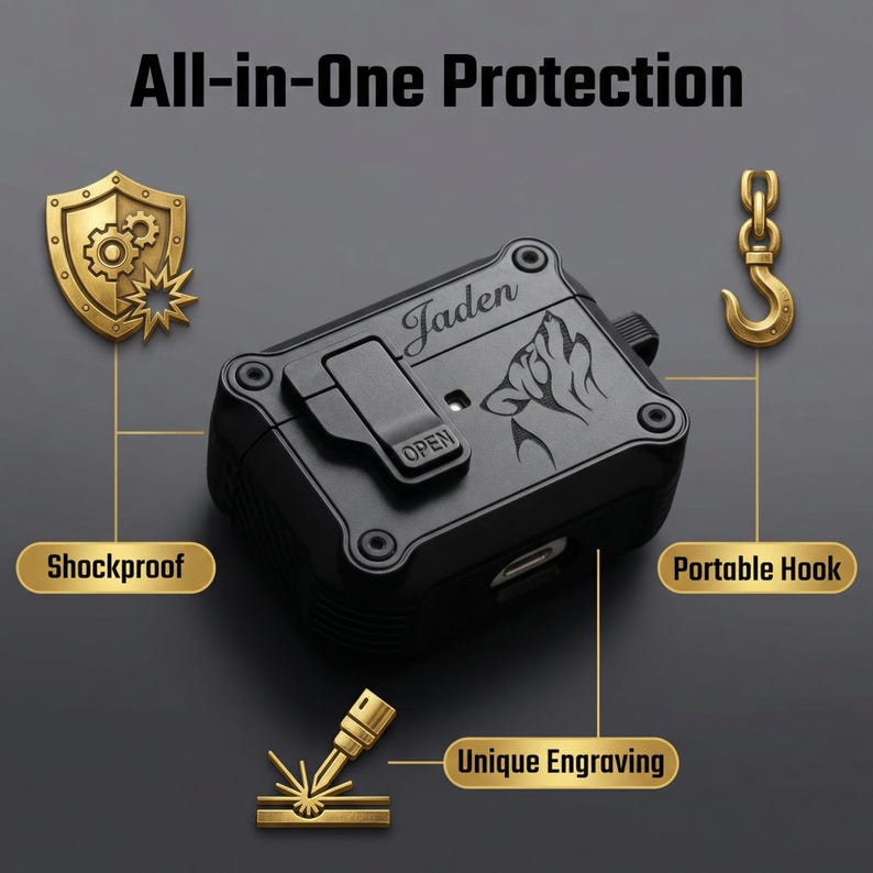 May include: Black protective case with the name "Jaden" and a wolf engraving. The case has a clip and the word "OPEN" is visible. The image also includes the words "All-in-One Protection", "Shockproof", "Portable Hook", and "Unique Engraving".