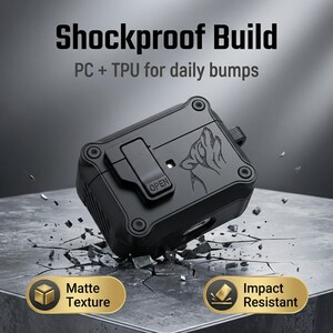 May include: Black shockproof case with a wolf design, featuring the text "Shockproof Build" and "PC + TPU for daily bumps." The case has a matte texture and is impact resistant. The case is designed to protect the contents from daily bumps.