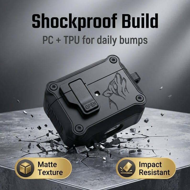 May include: Black shockproof case with a wolf design, featuring the text "Shockproof Build" and "PC + TPU for daily bumps." The case has a matte texture and is impact resistant. The case is designed to protect the contents from daily bumps.