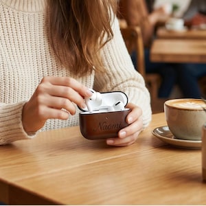Peut inclure: Un &eacute;tui en cuir marron pour AirPods avec le nom "Naomi" grav&eacute;. L'&eacute;tui est ouvert, r&eacute;v&eacute;lant des AirPods blancs. Une tasse de caf&eacute; sur une soucoupe est pos&eacute;e sur une table en bois.