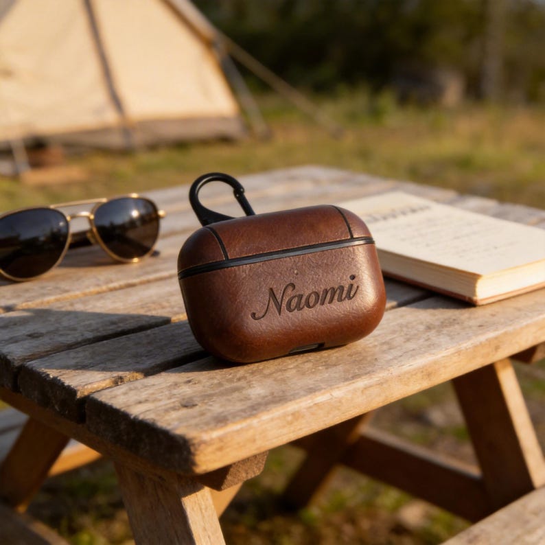 Peut inclure: Un &eacute;tui en cuir marron pour &eacute;couteurs sans fil, grav&eacute; du nom "Naomi". L'&eacute;tui est pos&eacute; sur une table en bois, avec des lunettes de soleil et un livre en arri&egrave;re-plan. Il poss&egrave;de une boucle noire pour l'attacher.