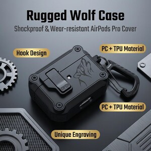 May include: A black Rugged Wolf Case for AirPods Pro. The case is shockproof and wear-resistant, with a hook design and wolf engraving. Constructed from PC + TPU material, it has an "OPEN" latch.