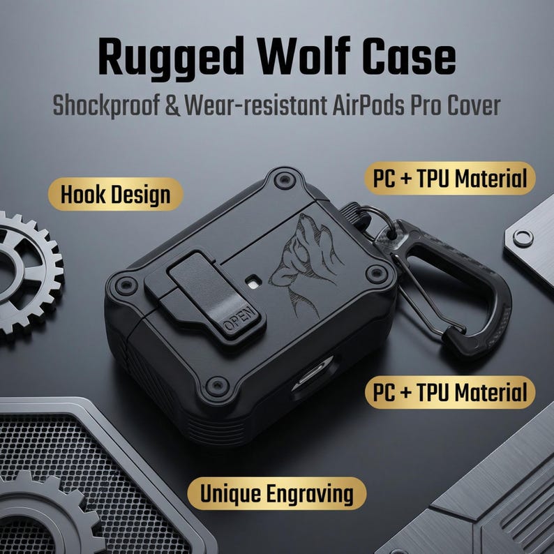 May include: A black Rugged Wolf Case for AirPods Pro. The case is shockproof and wear-resistant, with a hook design and wolf engraving. Constructed from PC + TPU material, it has an "OPEN" latch.