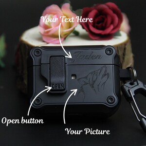 May include: Black earbud case with a wolf design and the name "Jaden" engraved. The case features an open button and a carabiner clip. The text "Your Text Here" and "Your Picture" are also visible.