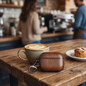 Peut inclure: Un &eacute;tui en cuir marron pour AirPods avec un mousqueton argent&eacute; est pos&eacute; sur une table en bois &agrave; c&ocirc;t&eacute; d'un caf&eacute; au lait et d'une p&acirc;tisserie. L'&eacute;tui est rectangulaire et a une bordure marron fonc&eacute;. La tasse &agrave; caf&eacute; est en c&eacute;ramique et de couleur marron clair.