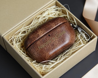 Personalisierte Ledertasche für Sony WF-1000XM5 mit eingraviertem Monogramm und Karabinerhaken