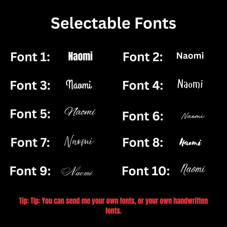 Może przedstawiać: Czarne tło wyświetla biały tekst "Selectable Fonts". Pokazano dziesięć opcji czcionek, każda oznaczona "Font" i numerem oraz nazwą "Naomi". Wskaz&oacute;wka na dole m&oacute;wi: "Możesz przesłać mi własne czcionki lub własne odręczne czcionki."