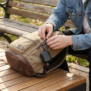 Peut inclure: Un sac &agrave; dos en toile beige avec des d&eacute;tails en cuir marron. Le sac &agrave; dos a plusieurs poches et une fermeture &eacute;clair. Un &eacute;tui noir pour &eacute;couteurs est attach&eacute; &agrave; la fermeture &eacute;clair. Le sac &agrave; dos est sur une surface en bois.