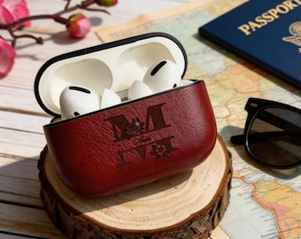 Personalized Leather AirPods Case with Hook: Engraved Monogram Gift