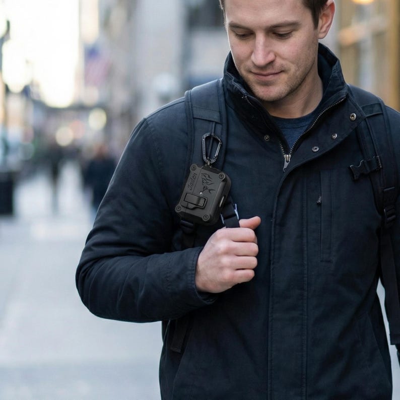 May include: A black portable speaker with a rugged design is attached to a backpack strap. The speaker is rectangular with rounded corners and a logo. The person in the image is wearing a black jacket. The speaker is attached with a carabiner.