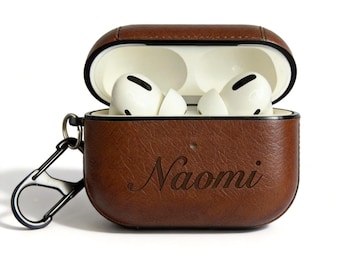 Personalized PC+Leather AirPods Case with Hook: Engraved Monogram