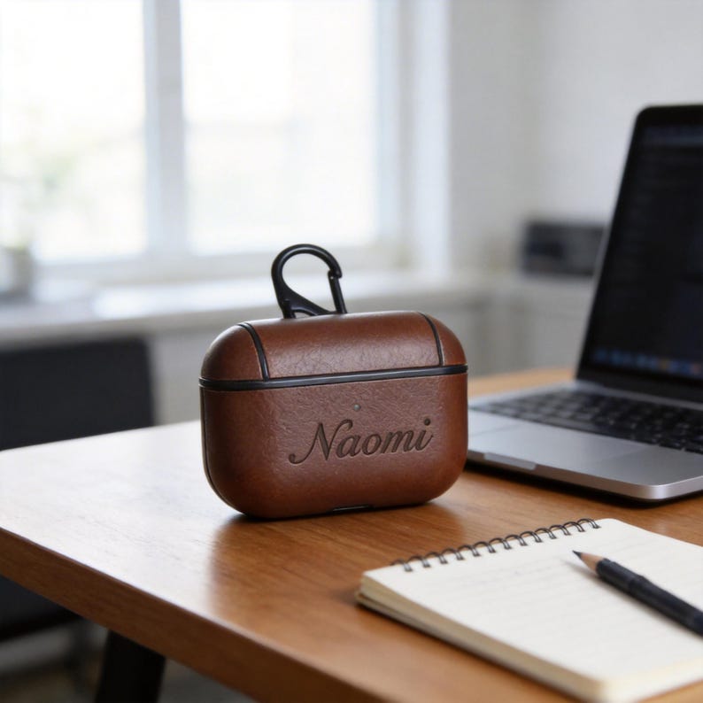 Peut inclure: Un &eacute;tui en cuir marron pour AirPods avec le nom "Naomi" en relief sur le devant. L'&eacute;tui a une bordure noire et un mousqueton noir. L'&eacute;tui est pos&eacute; sur un bureau en bois &agrave; c&ocirc;t&eacute; d'un ordinateur portable et d'un bloc-notes.