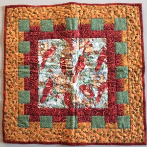 Può includere: Un cuscino quadrato trapuntato rosso, verde e oro con un motivo di cardinali e casette per uccelli. Il cuscino ha una texture trapuntata.