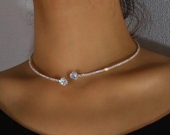 Rhinestone Heart Collar - Choker for Women, Simple Open Necklace, Jewelry Gift for Her