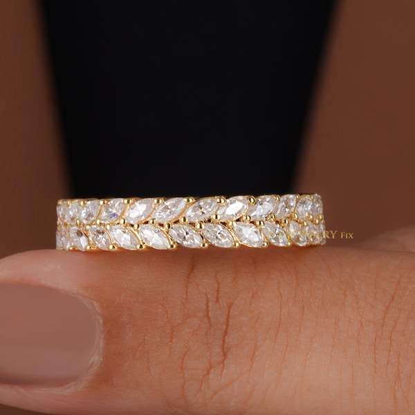 5mm Double Row Marquise Cut Lab Diamond Eternity Ring 14K Gold Cluster Wedding Band Leaf Inspired  Stackable Anniversary Ring For Her