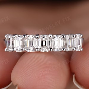 Seven Stone Diamond Wedding Rings Emerald Cut Lab Grown Diamond Eternity Band Shared Prong Diamond Ring for Women Anniversary Gift for her