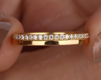 Delicate One Side Pave Diamond Wedding Band, 14K Gold Half Eternity Ring, 3mm Wide Round Lab Diamond Band, Stacking Ring, Comfort Fit Band