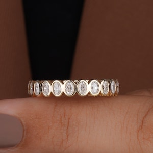 Oval Cut Moissanite Wedding Band 14k Gold Bezel Set Lab Diamond Full Eternity Band for Women, Stacking Matching Anniversary Band Bridal Band