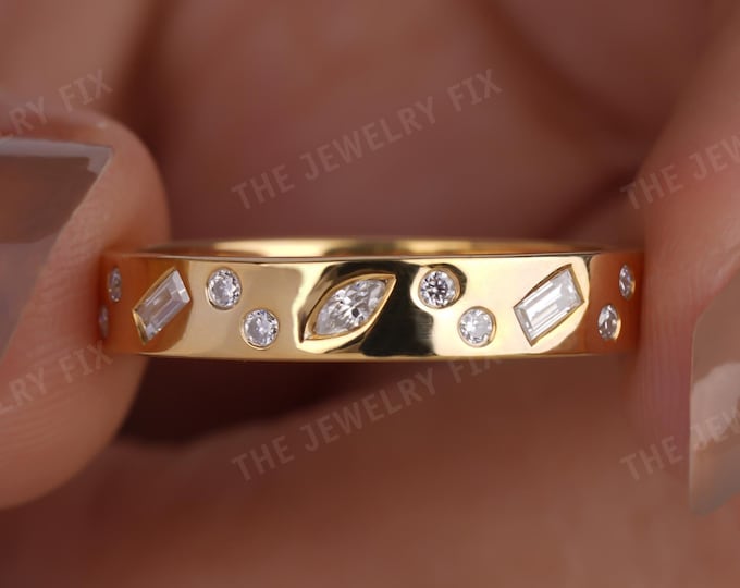 Mix Shaped Flush Set Diamond Wedding Band, 4mm Wide Scattered Diamond ...