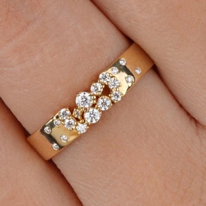 Diamond Cluster Wedding Band Ring, Scattered Flush Set Lab Diamond Band for Women, 14K Gold Thick Anniversary Band Dainty Statement Ring Her