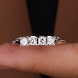 Dainty Princess Cut Diamond Curved Wedding Band for Women, 14K Chevron Ring, Unique Nesting Stackable Ring, Lab Diamond Band