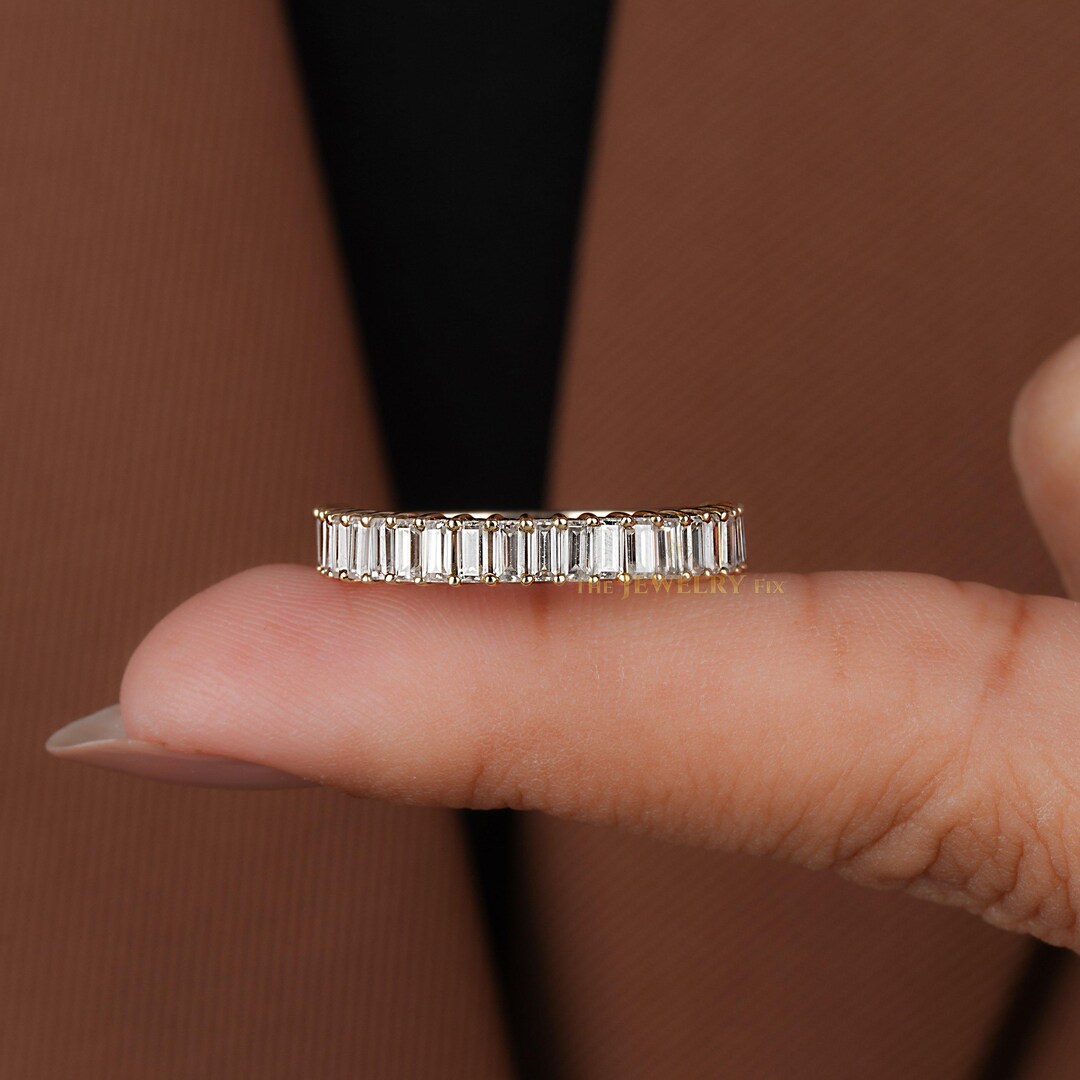 Baguette Diamond Wedding Band 14K Solid Gold Half Eternity Baguette Lab ...
