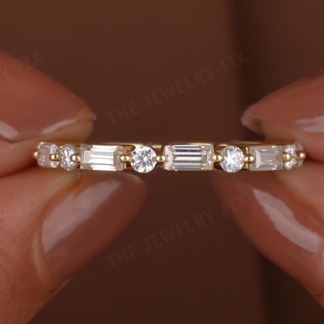 Single Prong Baguette and Round Diamond Wedding Rings 14K Gold Full ...
