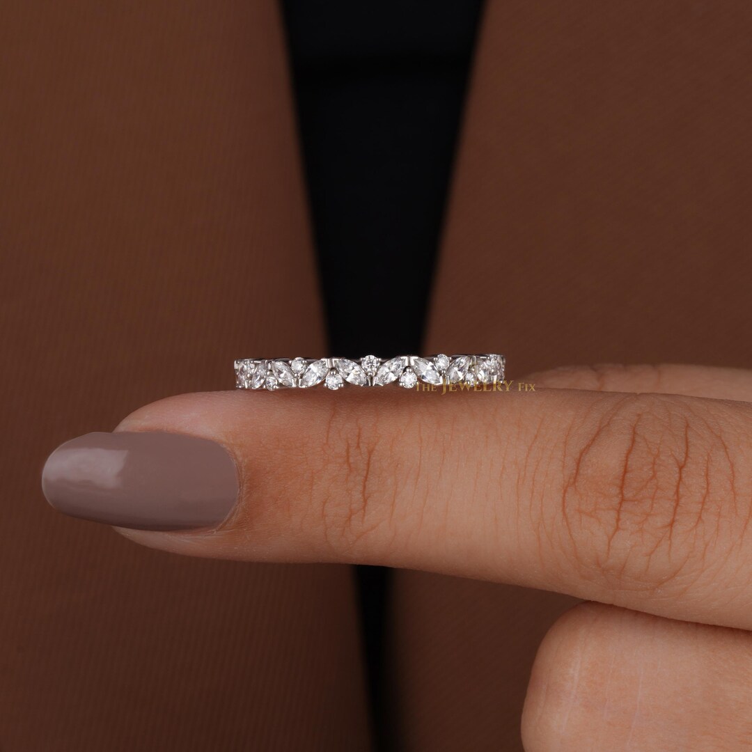 Half Eternity Marquise and Round Cut Lab Grown Diamond Wedding Band 14K ...