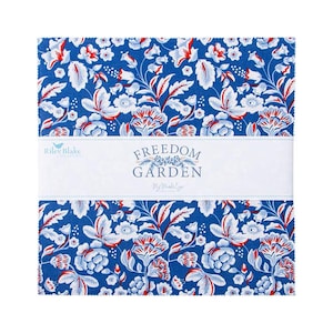 May include: A stack of fabric squares with a blue floral pattern featuring white and red accents. A white band across the center displays the text "FREEDOM GARDEN" and "My Mind's Eye". The fabric is likely for quilting or crafting.