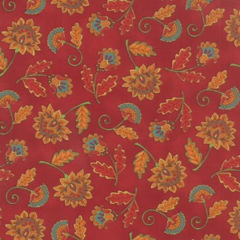 Moda Fabric Forest Fancy by Deb Strain for Moda 19711-13 Yardage Red Background with Fall Blooms