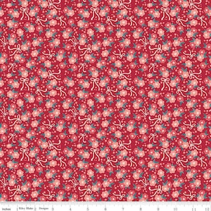 May include: Red fabric with a repeating pattern of pink flowers, green leaves, and white bows. The fabric has a subtle sparkle.