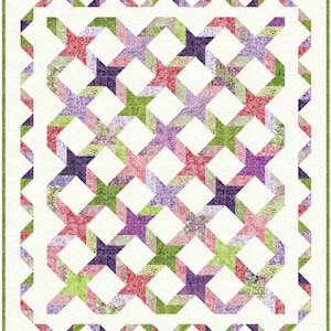 May include: A quilt pattern with a white background and a repeating pattern of green, pink, and purple stars. The stars are arranged in a grid pattern and are surrounded by a white border.