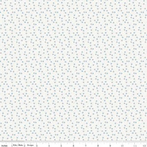 May include: White fabric with a repeating pattern of small blue and gray stars. The fabric is 12 inches wide.