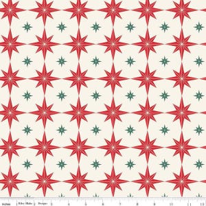 Christmas Stars Fabric – Red and Green on Cream Cotton