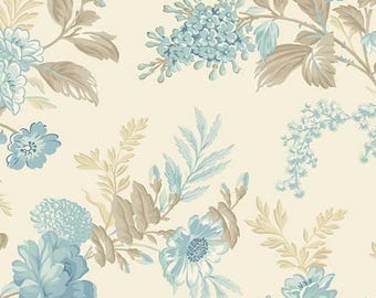 Quilt Fabric - Linen Bed of Roses - Sewing Bird by Laundry Basket Quilts  Quilting  A-1600-L - Cream Blue Yardage