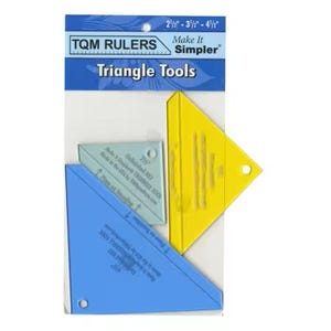 May include: A package of TQM Rulers triangle tools in blue, yellow, and light blue. The package includes three triangle tools with measurements of 2 1/2", 3 1/2", and 4 1/2". The text "Triangle Tools" is visible.