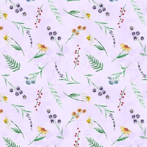 May include: A seamless pattern featuring watercolor illustrations of various wildflowers and foliage on a light purple background. The flowers include daisies, lavender, and wildflowers with yellow centers. The foliage includes ferns and green leaves.