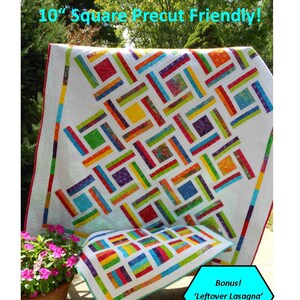 May include: A quilt pattern called "Double Strip Trip" featuring a colorful patchwork design with a white background. The quilt is made with fabrics from the "Tonga Jelly Bean" collection by Timeless Treasures. The pattern is precut friendly and measures 10 inches square.