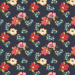 May include: A seamless pattern featuring red, pink, and yellow flowers on a dark blue background. The flowers are surrounded by small blue and green leaves.