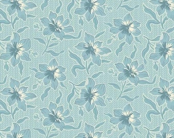 Quilt Fabric - Water Floral Cream - Sewing Bird by Laundry Basket Quilts  A-1604-L - Blue Tan