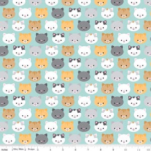 May include: A repeating pattern of cartoon cat faces in various colors, including white, gray, orange, and black, on a light blue background. The design features Riley Blake Designs text and inch measurements.
