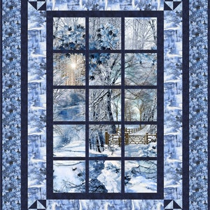 May include: A winter scene with a window view of a snowy forest with a wooden fence and a path leading through the trees. The window is divided into nine panes, each showing a different part of the scene. The image is framed with a blue border and a pattern of blue maple leaves.