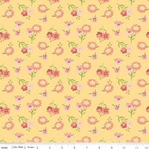 May include: A seamless pattern featuring pink and red flowers on a yellow background. The flowers are arranged in a repeating pattern, creating a cheerful and whimsical design.