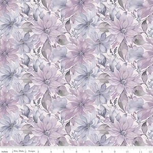 May include: Floral fabric with a repeating pattern of large, watercolor-style flowers in shades of lavender, periwinkle, and gray. The flowers are interspersed with gray-green leaves and stems, set against a light background. The fabric is 12 inches wide.