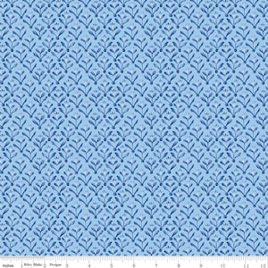 May include: A repeating pattern of blue stylized floral sprigs on a light blue background. The pattern is reminiscent of a traditional wallpaper design.