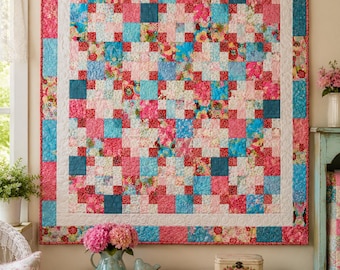 May include: A square patchwork quilt featuring a grid of small fabric squares in shades of pink, teal, and white with floral patterns. The quilt is framed by a wide, solid white border with a subtle swirling quilted texture and a thin red edge.