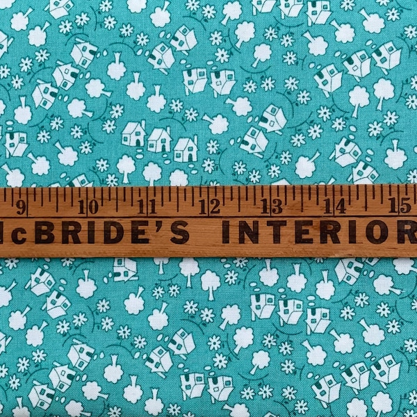 Storybook V Teal with White House’s, Trees & Flowers by Windham Fabrics - 27297-8 Teal - Yardage - RARE OOP!!