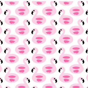 May include: A white stencil featuring a repeating pattern of pink flamingos with black beaks and eyes. The flamingos have a stylized design with two pink ovals on their bodies. The text "www.bakeartstencils.com" is at the bottom.