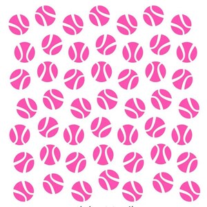 May include: A square stencil featuring a repeating pattern of pink tennis ball shapes. The top tab includes a pink letter A, and the bottom edge displays the text www.bakeartstencils.com. The design consists of multiple circular icons with curved lines.