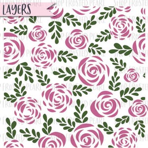 May include: A stencil with a repeating pattern of pink roses and green leaves on a white background. The stencil is labeled "2 LAYERS" and features the text "SHOP FROSTED PEARL".
